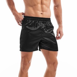 Amy Coulee Men's Satin Boxers Silky Sleep Boxer Shorts Lounge Pajama Shorts with Elastic Waistband (L, Black)