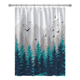 RV Shower Curtains Forest Mountain Happy Camper, Fabric RV Bathroom Curtain Sets with Hooks 47WX64H Inches (Green Grey)