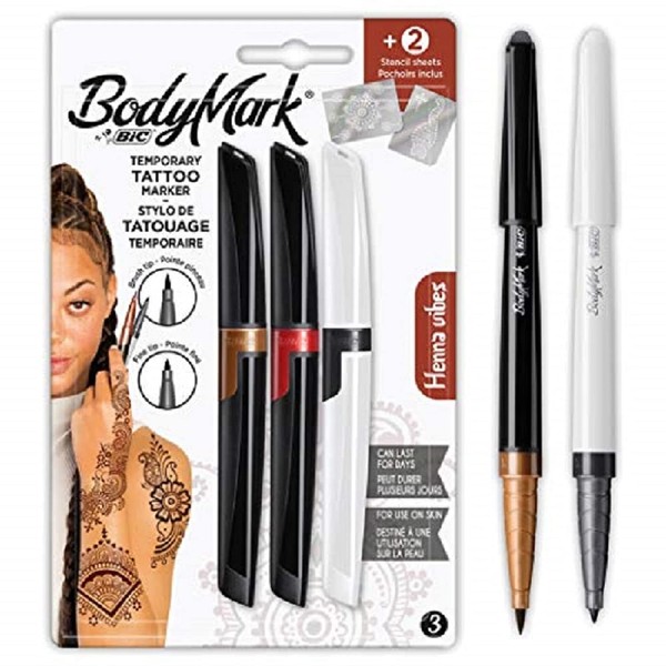 BodyMark by BIC, Temporary Tattoos in 3 Colours, Brush & Fine Tip, Low Odour & Quick Drying Tattoo Pens for Skin with 2 Stencils