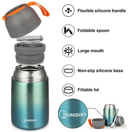 DUNSOO Thermal Food Container 650 ml | Heat Container for Food Stainless Steel with Foldable Spoon | Thermal Lunch Box Ideal for Storing Soups, Porridge, Ice Cream and Yogurt.