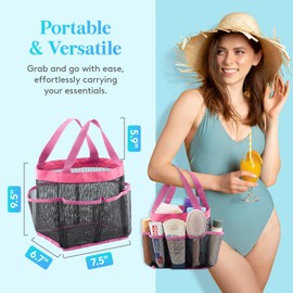 Lifewit Mesh Shower Caddy Freestanding Portable Shower Tote Bag for College Dorm, Bathroom, Gym, Travel, Quick Dry Hanging Shower Organizer with 7 Storage Pockets for Toiletry Essentials, Pink