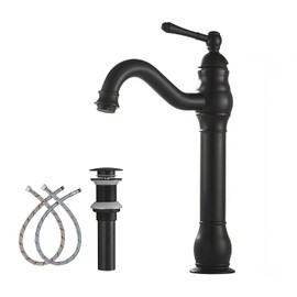 Vessel Faucet Bathroom Matte Black 360° Swivel Single Handle One Hole Bowl Sink Faucet Tall Body Matching Pop Up Drain Without Overflow Lavatory Vanity Basin Mixer Tap Deck Mount Commercial