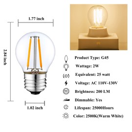 Beonllay Dimmable 2W LED Globe Bulb 25Watt Equivalent E26 Light Bulb Warm White 2500K LED Edison Bulb, Vintage Filament Edison Decorative Bulb for Chandelier, Ceiling Fan, 6 Pack