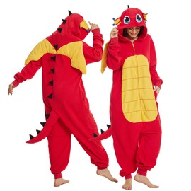 Laahoem Animal Dragon Pyjamas Unisex Adult Zip Hood Men Women Jumpsuit Costume Cosplay Sleepwear, red