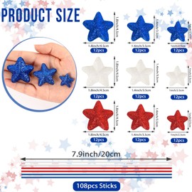 JUNEBRUSHS 4th of July Decorations, 108 Pcs Glitter Puffy Star Picks Foam Star Stems Red White and Blue Artificial Stem Flowers for Patriotic Wreath Table Centerpieces Decoration
