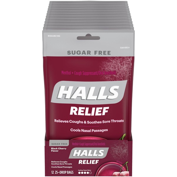 HALLS Relief Black Cherry Sugar Free Cough Drops, 12 Packs of 25 Drops (300 Total Drops) 25 Count