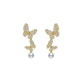 14K Gold Plated 925 Sterling Silver Posts Bow Earrings for Women, Cubic Zirconia Butterfly Stud Earrings, Hypoallergenic Fashion Jewelry Gifts for Women (Two butterflies-Gold)
