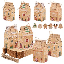 LOMIMOS 24 Pcs Small Christmas Treat Boxes,Mini Kraft Gingerbread House Boxes Christmas Candy Goodie Bags with Gift Tags for Xmas Party Favors Gifts Wrapping Classroom Prizes Stocking Stuffers