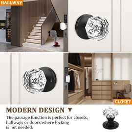 Orger 10 Pack Passage Crystal Door Knobs, Keyless Non-Locking Interior Door Handles for Hallway and Closet, Heavy Duty Glass Knob with Flat Black Zinc Alloy Rosette