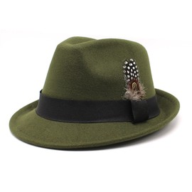 howkuhat Men's Wool Felt Fedora Hat Classic Winter Warm Bowler Hat with Detachable Feather & Band (M 56-58cm)(UK, Alpha, One Size, M, Army Green)