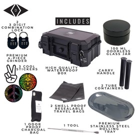 Bella Large Waterproof Box Combo with Lock – 2PC Airtight UV Smell Proof Jar, Charcoal Bag, 2 Odorless Resealable Bags and with Accessories