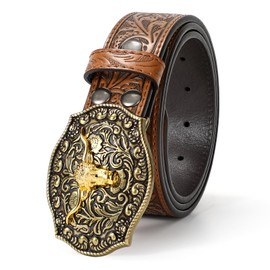 JASGOOD Men Western Cowboy Cowgirl Leather Belt with Longhorn Buckle Engraving Leather Jeans Belt 1.5’’ Wide for Men Women,Brown