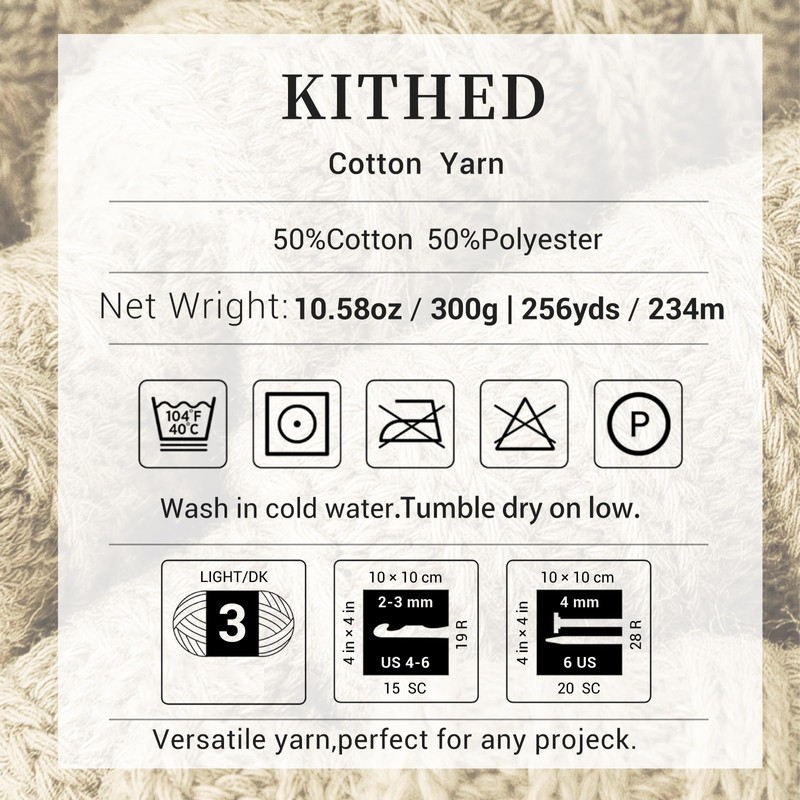KITHED Cotton Yarn，10.5oz，526yard，3 Pack ，Soft Yarn for Crocheting and Knitting