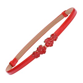 JK Home Waist Belt for Dress, Skinny PU Leather Adjustable Slim Thin Waistband with Alloy Buckle for Women Flower Red