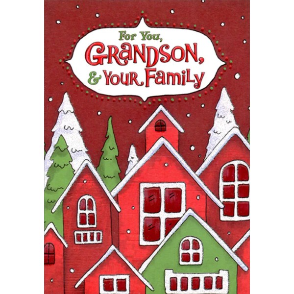Designer Greetings Sparkling White Rooftops on Red and Green Houses