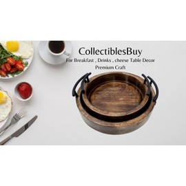 Handmade Round Wooden Serving Tray Set of 2 with Metal Handles Deep Rustic Design Perfect for House Parties Kitchen Decor and Daily Use