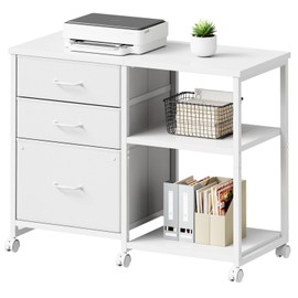 Maihail 3 Drawer File Cabinet with Wheels Rolling Printer Stand with Open Storage Shelf Fabric Lateral Filing Cabinet for Home Office,White