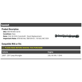 Camshaft - Compatible with 2007-2011 Jeep Wrangler 3.8L V6 (VIN 1) OHV