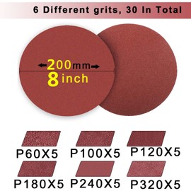 200 mm sanding disc, 8inch hook and loop disc. Grit 5X P60/100/120/180/240/320 For velcro disc sanders, Pack of 30