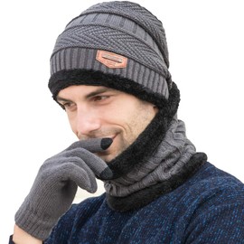 T WILKER 3 Pcs Winter Knit Beanie Hat Neck Warmer Scarf and Touch Screen Gloves Set for Men Women Fleece Lined Skull Cap Thick Soft Scarf and Knit Gloves