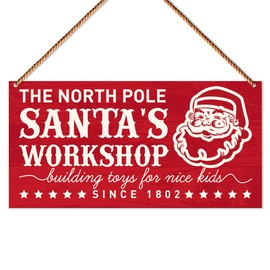 Weifuju Christmas Wooden Hanging Signs Santa Christmas Sign Wall Decor for Home Living Room Indoor Xmas Holiday Decorations, The North Pole Santa's Workshop