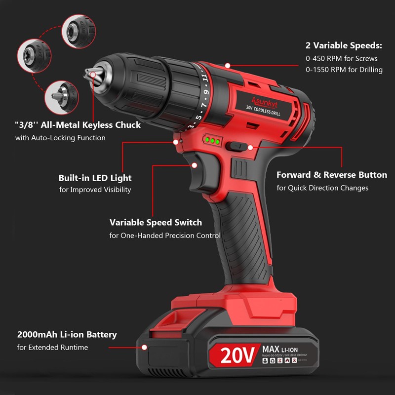 20V Power Drill Cordless, Cordless Drill with Battery and Charger