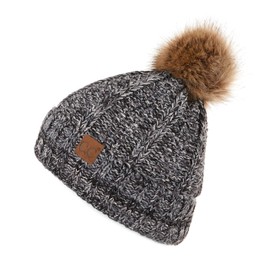 C.C Exclusives Fuzzy Lined Knit Fur Pom Beanie Hat (YJ-820) (Grey Mix)