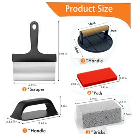 Griddle Cleaning Kit – Includes Burger Press, Scraper, Heat-Resistant Handle, 3 Grill Stones & 16 Reusable Pads – Safe for Flat-Top Griddles & Cookware