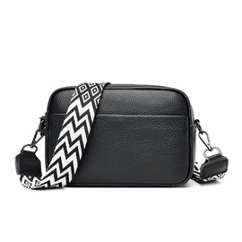 FORRICA Women's Crossbody Bag, Leather, Large Capacity, Girls, Shoulder Bag, Stylish, Popular, Crossbody Bag, Wide Strap, Black A