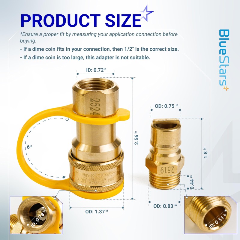 [100% Solid Brass] BlueStars 1/2 inch Gas Quick Connect Kit