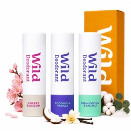 Wild Pack of 3 Mini Deodorants in Fresh Cotton & Sea Salt, Coconut & Vanilla and Cherry Blossom - Trial Size Great for Holiday & Travel - Aluminium & Plastic Free - Long Lasting Protection