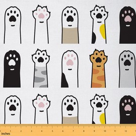 Feelyou Cat Fabric by The Yard, Cute Cartoon Cats Paw Upholstery Fabric, Kawaii Style Animal Paws Outdoor Fabric, Cat Lover Reupholstery Fabric for Chairs, 3 Yards, Black White