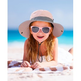 Kids Sun Hat with Sunglasses Girls UV Protection Wide Brim Summer Beach Cap with Ponytail Hole Pink