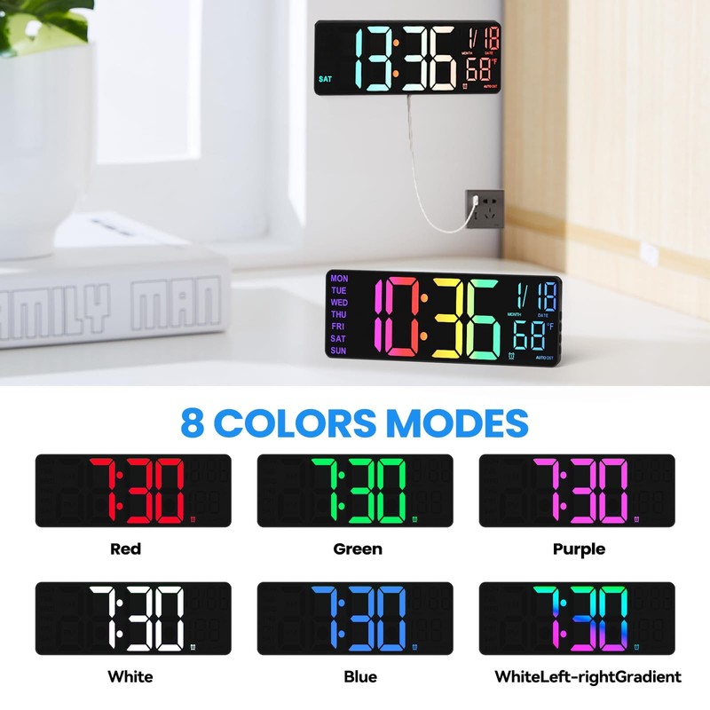 YISILE 13" Digital Wall Clock with Night Light,8 RGB Color,Dual