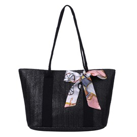 Angel Moon Straw Bag, Tote Bag, Straw Tote, Basket Bag, with Scarf Charm, Large, Black