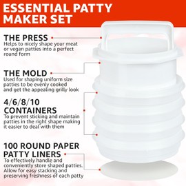Hamburger Press Hamburguesas – 4 en 1, molde para hamburguesas, prensa para hamburguesas, 6 contenedores de almacenamiento, 100 papeles redondos, herramienta para hacer hamburguesas