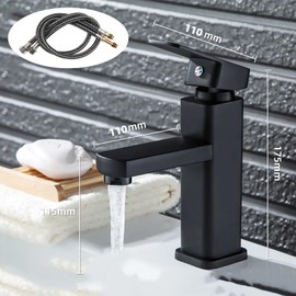 Yostyle Llaves para Lavabo Baño,Monomando para Lavabo de Acero Inoxidable，Mezcladora para Lavabo Caliente y Fría Ajustable Grifo,Grifos de Baño de un Solo Orificio con 2 Mangueras(Negro Rectangular)