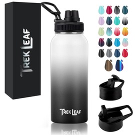 Trek Leaf Travel Water Bottle with 3 Lids (Spout, Straw, Flip) Leak Proof, Quality, Vacuum Insulated, Stainless Steel (Day & Night, 32 oz)