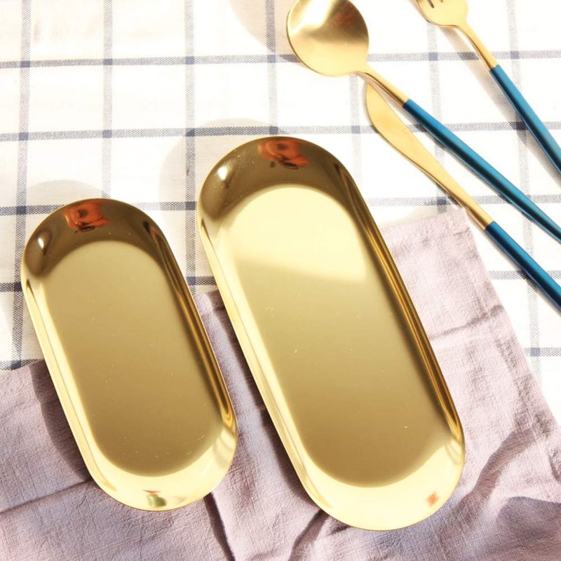 Set of 2pcs Gold Oval Tray Stainless Steel Cosmetics Jewelry