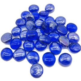 500 Pcs Luster Dark Blue Fire Glass Gems Stones Pebbles Vase Filler Royal Blue Flat Marbles for Fire Pit,Wedding Centerpieces,Floral Arrangement,Birdbaths,DIY Mosaics Crafts,5LB
