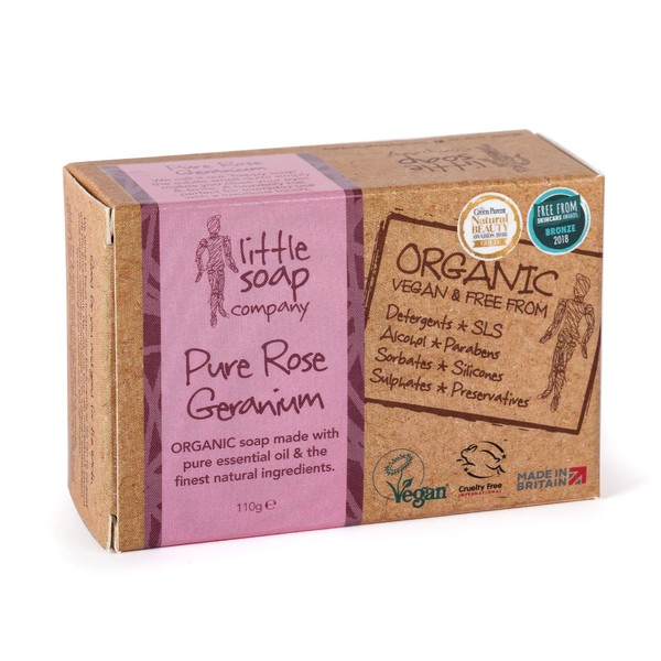 Little Soap Company Organic Soap Bar – Vegan, Cruelty Free, No SLS or Parabens, With Rose Geranium, Natural & Organic Body & Hand Soap (110g)
