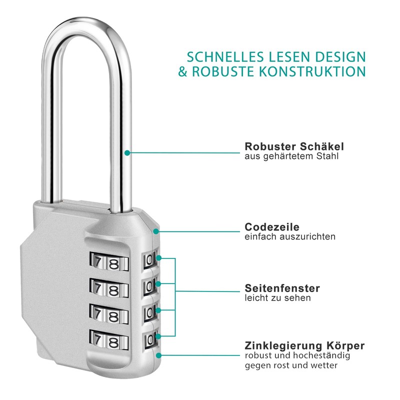 ZHEGE Number Padlock with Long Shackle, 4-Digit Combination Lock, Long,