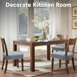 Leather Seat Covers Dining Chairs Waterproof Kitchen Chair Seat Covers set of 8, Wipeable 4-Sided Super Elastic PU Chair Covers Dining Chairs for Dining/Kitchen Room and Dust Resistant(Grey, 8PCS)