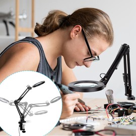 LED Magnifier Desk Lamp with Stand and Clamp, 3 Color Modes & Stepless Dimming 5-Diopter Glass Lens, Adjustable Swivel Arm - Magnifying lamp for Close Work, Repair, Crafts, Reading