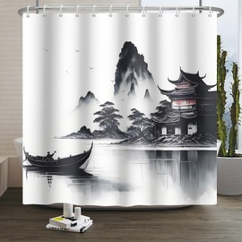 Xiaoterna Traditional Shower Curtain with Japanese Painting Japanese Building Asian Ink Painting Shower Curtain Misty Mountain Boat Wild Goose Natural Landscape Bathroom Curtain 180 x 180 cm
