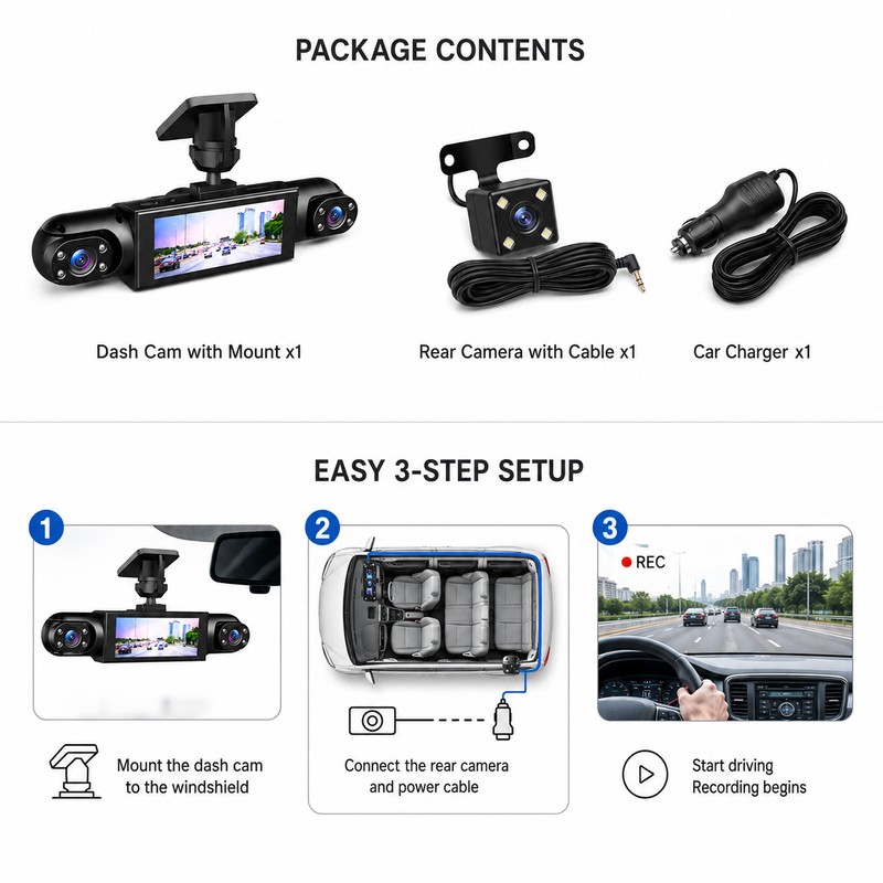 Multi-Lens Dash Cam for Vehicle Recording – 1080P Front, Side
