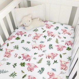 Farm Pink Pigs Boho Leaves Baby Crib Sheets 52''x28'' Cute Pigs Farm Animals Fitted Crib Mattress Sheet for Boy Girl Soft Nursery Bed Crib Sheets for Standard Toddler Mattress