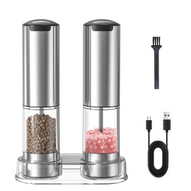 Electric Salt and Pepper Grinder Set Rechargeable Adjustable Coarseness Stainless Steel Pepper Mills With Washable 95ml Container,LED Light Light and Base,Silver NEW for Home