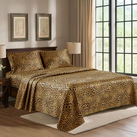 Satin Sheets Full [4-Piece, Gold Leopard] Hotel Luxury Silky Bed Sheets - Extra Soft 1800 Microfiber Sheet Set, Wrinkle, Fade, Stain Resistant - Deep Pocket Fitted Sheet, Flat Sheet, Pillow Cases