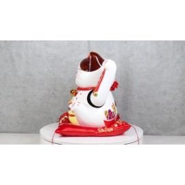 Japanese Lucky Charm White Beckoning Cat Maneki Neko With Waving Arm Figurine 9"